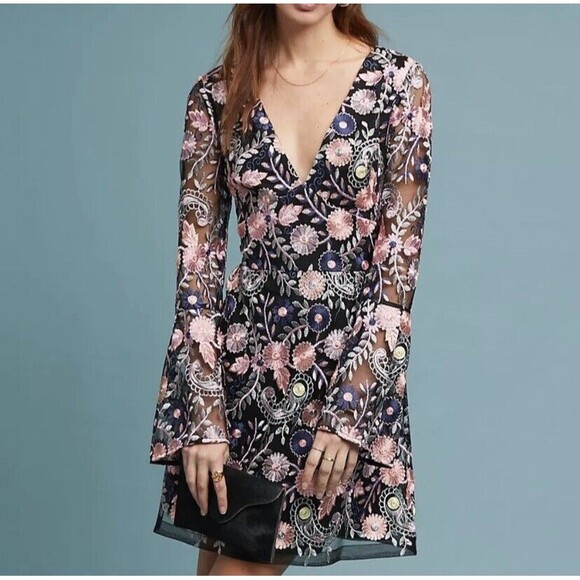 Anthropologie Dress ML Monique Lhuillier Embroidery Floral Bell Sleeve Roupell 0 - Picture 1 of 16